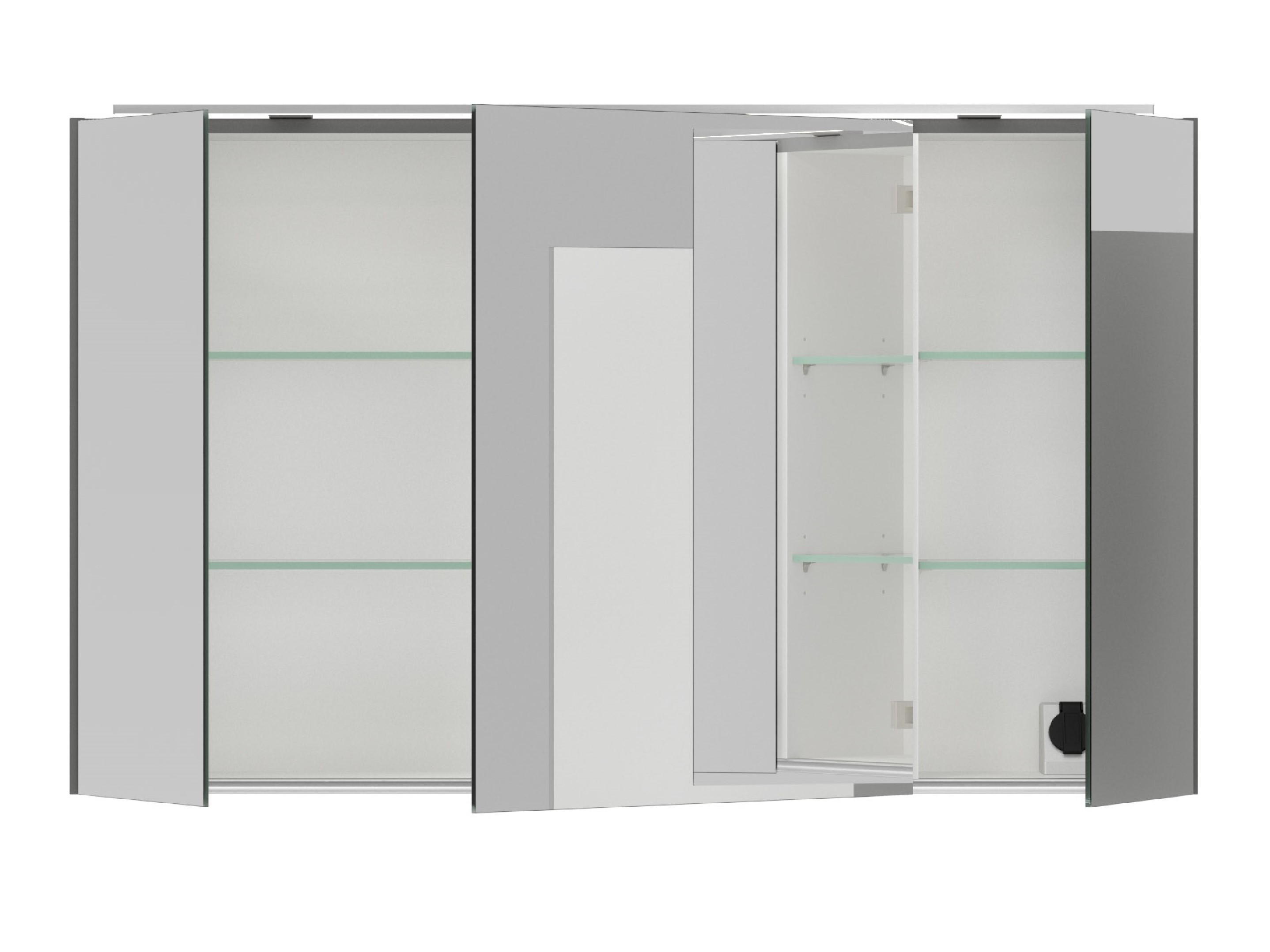 geöffneter spiegelschrank grau dreitürig mit aufsatzleuchte zwei glasböden und steckdose nobilia