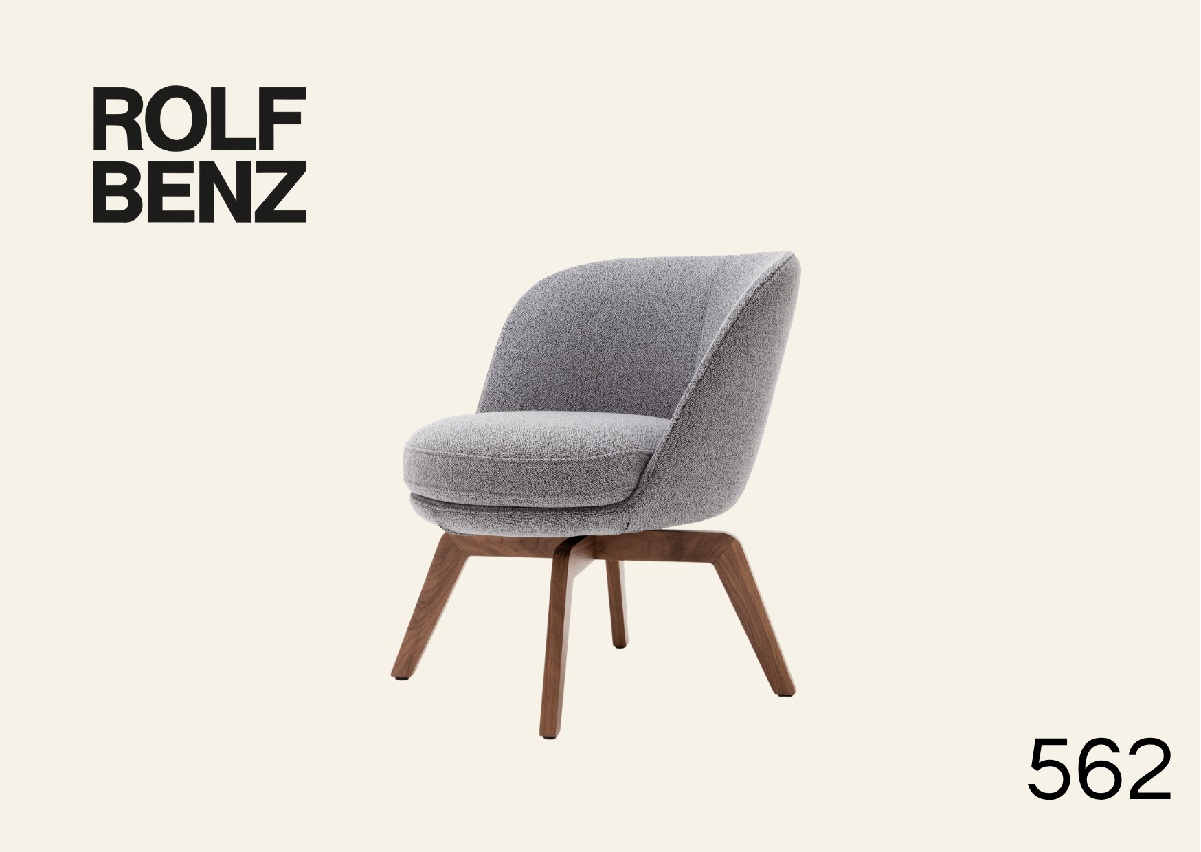 Polsterstuhl in hellgrau und Holzgestell. Aufschrift Bild: Rolf Benz 562.