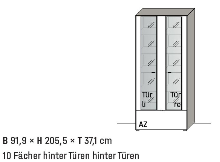Illustration einer Vitrine mit Bezeichnung vor weißem Hintergrund