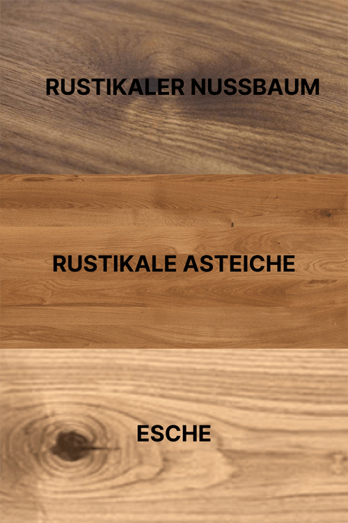 Bild mit Holzarten: Rustikaler Nussbaum oben, Rustikale Asteiche in der Mitte, Esche unten