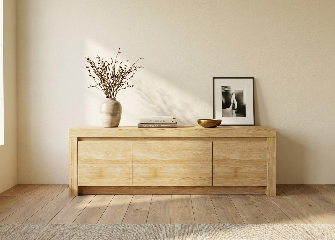 braunes Lowboard stilvoll dekoriert in einem modernen Zimmer