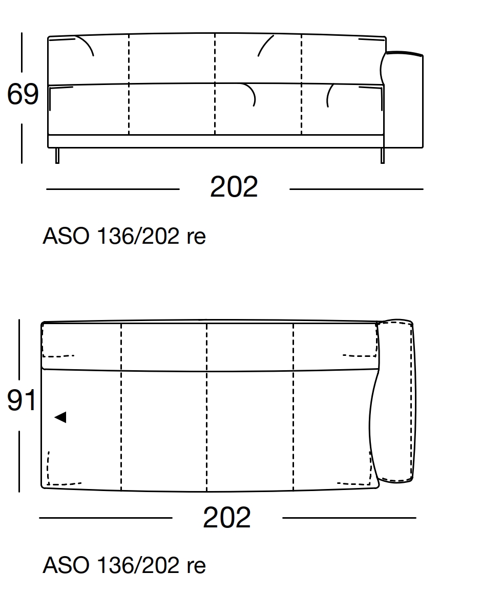 Maßzeichnung eines Sofaelements vor weißem Hintergrund freistil Rolf Benz 136