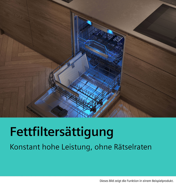 Nahaufnahme einer geöffneten Spülmaschine, in der die Metall-Fettfilter der Dunstabzugshaube zur Reinigung platziert sind. Das Innere ist blau beleuchtet.