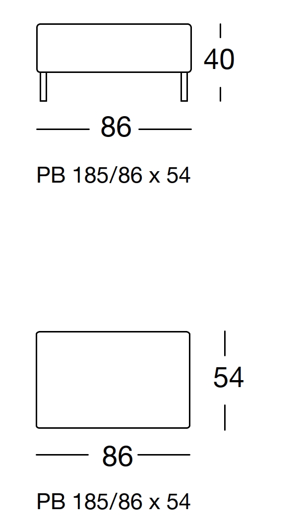 Maßzeichnung eines Sofaelements vor weißem Hintergrund freistil Rolf Benz 185