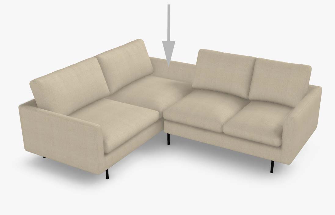 beiges sofa mit schwarzen füssen vor weißem hintergrund mit einem pfeil der auf eine lücke am rücken hinweist freistil rolf benz 134