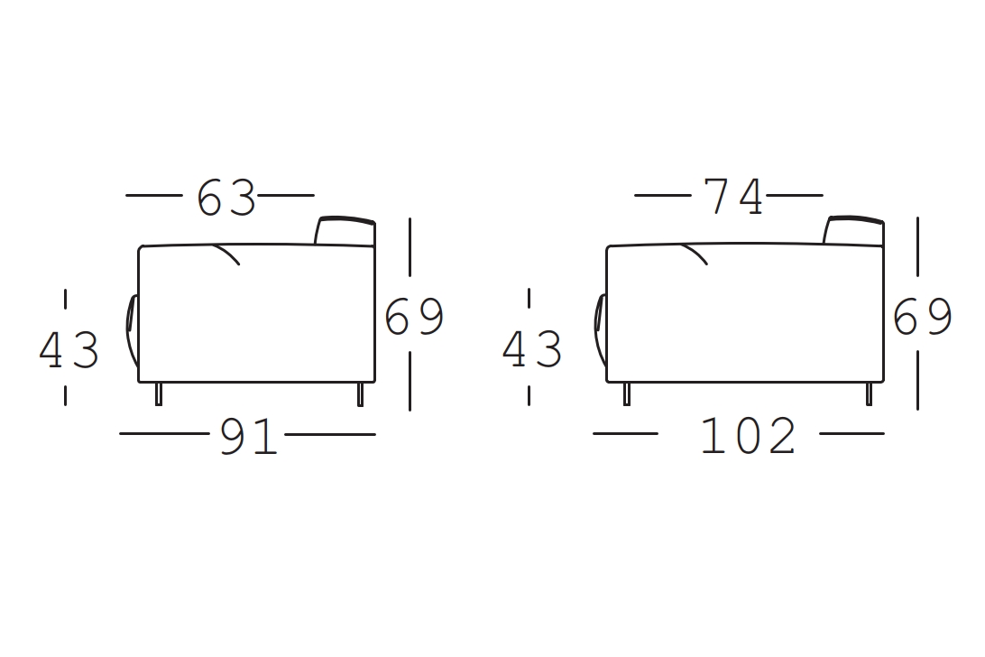 Maßzeichnung eines Sofaelements vor weißem Hintergrund freistil Rolf Benz 136