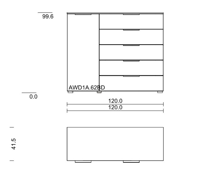 Maßzeichnung einer Kommode mit 5 Schubladen und einer Tür vor weißem Hintergrund