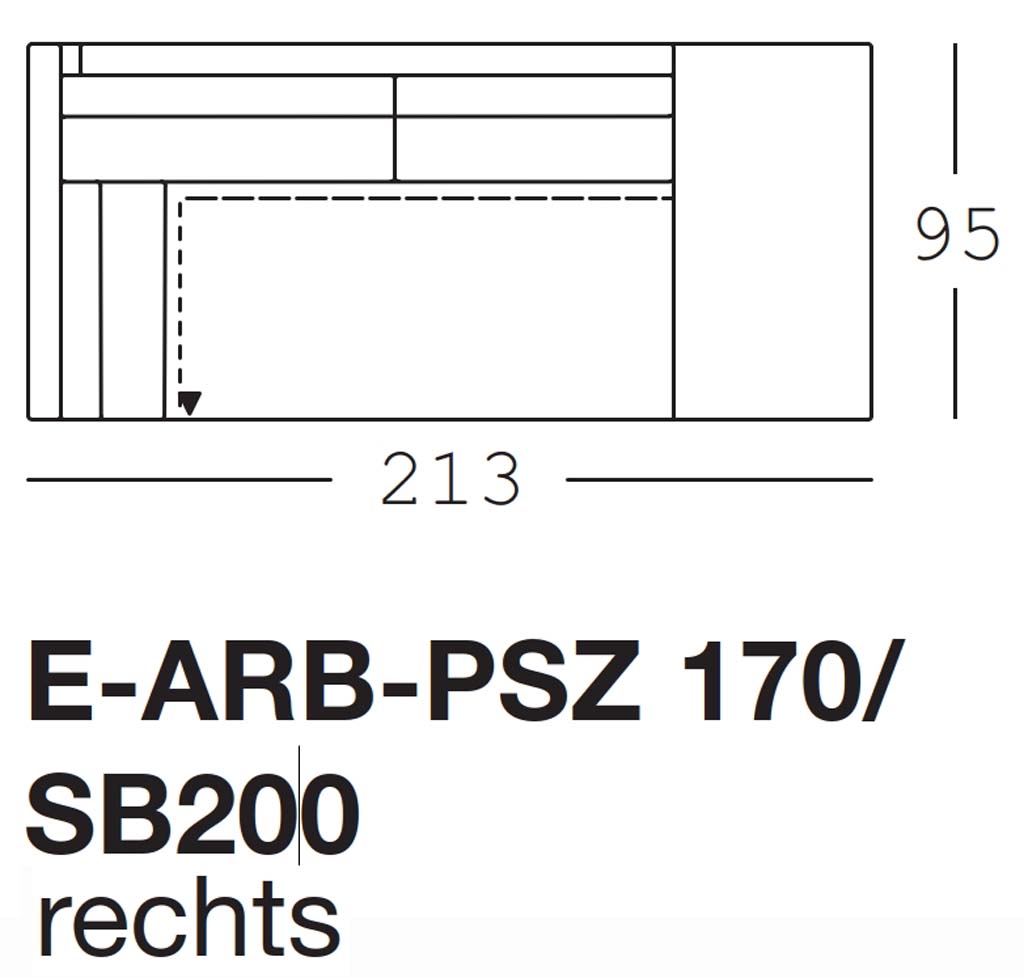 Maßzeichnung eines Sofaelements vor weißem Hintergrund freistil Rolf Benz 170