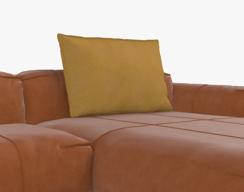 freistil Rolf Benz 136 - Biesen-Rückenkissen-Matte | 88 x 68 cm Nahaufnahme eines modernen braunen Ledersofas mit einem gelben Kissen auf der Rückenlehne