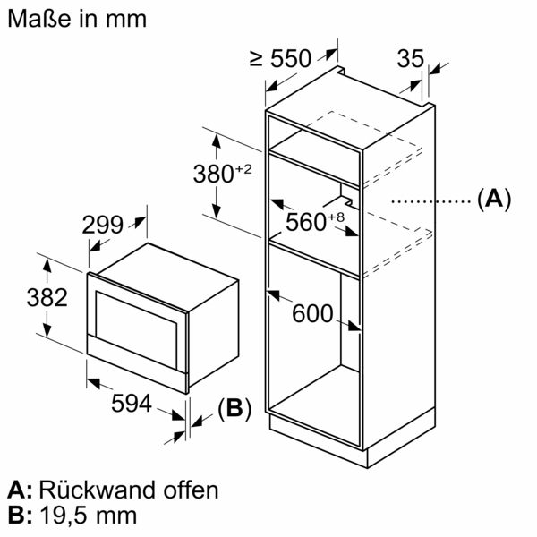 Diagramm mit Einbaumaßen in Millimetern für eine Mikrowelle und einen Schrank. Angaben: Höhe, Breite und Tiefe.