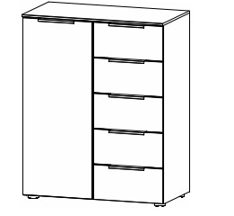 Illustration einer Kommode mit fünf Schubladen und einer Drehtür vor weißem Hintergrund