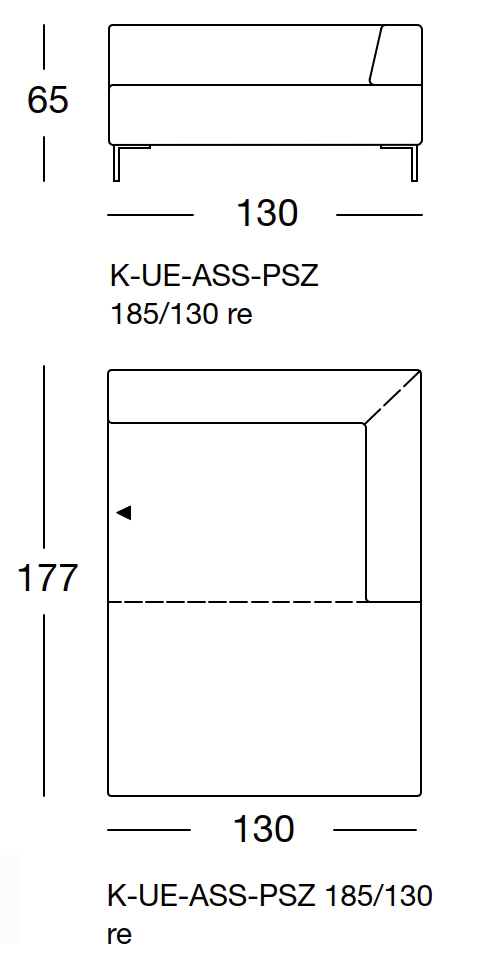 Maßzeichnung eines Sofaelements vor weißem Hintergrund freistil Rolf Benz 185