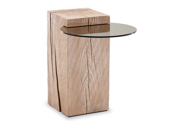 Bild eines modernen Holzständers mit einer ausklappbaren Glasplatte integriert auf der rechten Seite