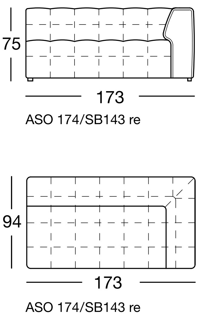 Maßzeichnung eines Sofaelements vor weißem Hintergrund