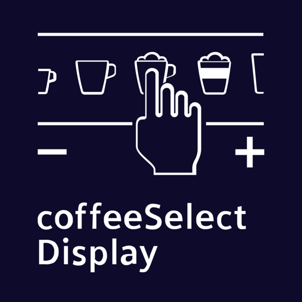 Grafik eines interaktiven coffeeSelect Displays mit Finger-Auswahl von Kaffeetassen
