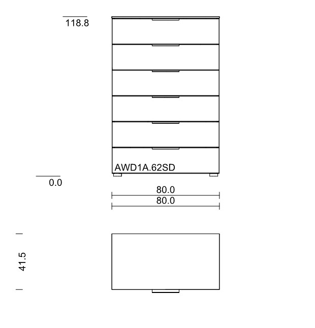 Maßzeichnung einer Kommode mit sechs Schubladen vor weißem Hintergrund