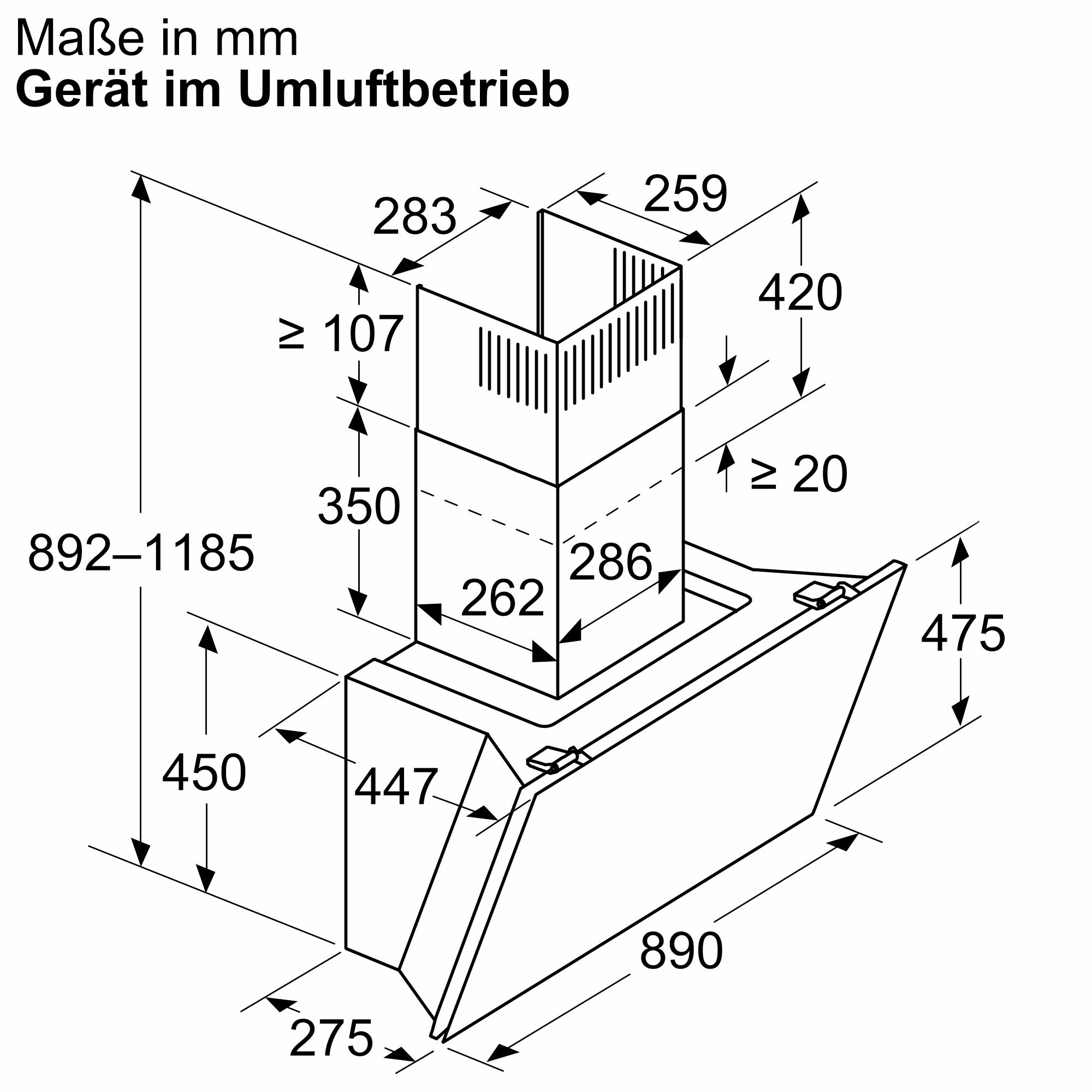 Diagramm einer Dunstabzugshaube mit detaillierten Maßangaben in Millimetern für den Umluftbetrieb