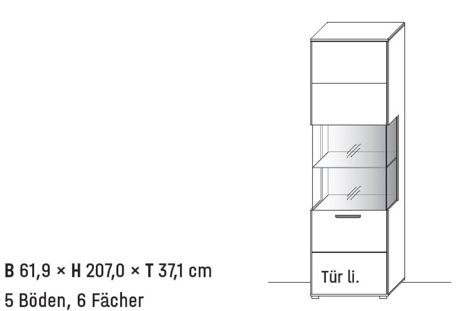 Illustration einer Vitrine mit Maßangabe und Bezeichnung vor weißem Hintergrund