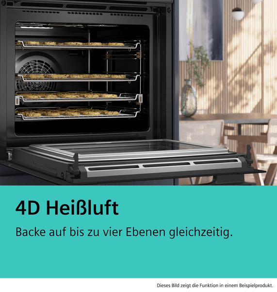 Feature 4D Heißluft: Blick in den Backofen-Innenraum auf vier Ebenen, die gleichzeitig mit Backblechen genutzt werden können.