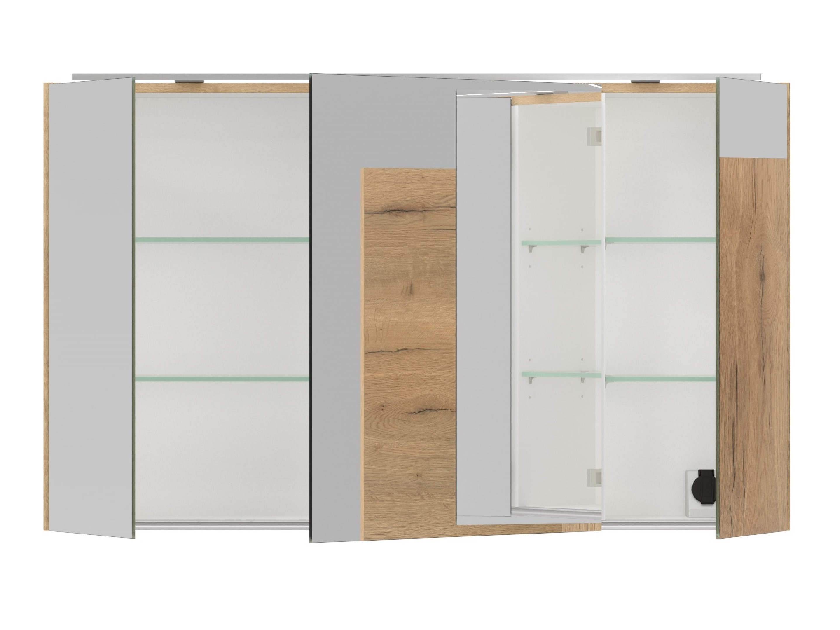geöffneter spiegelschrank braun dreitürig mit aufsatzleuchte zwei glasböden und steckdose nobilia