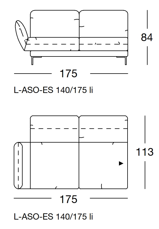  Maßzeichnung eines Sofaelements vor weißem Hintergrund freistil Rolf Benz 140