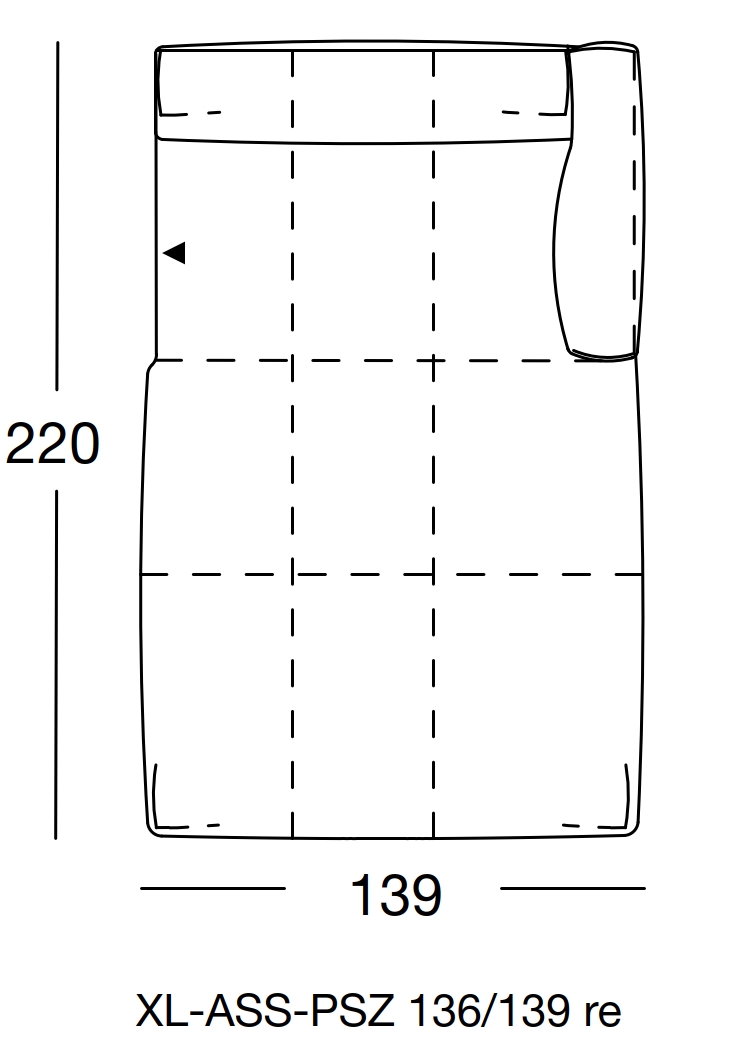Maßzeichnung eines Sofaelements vor weißem Hintergrund freistil Rolf Benz 136