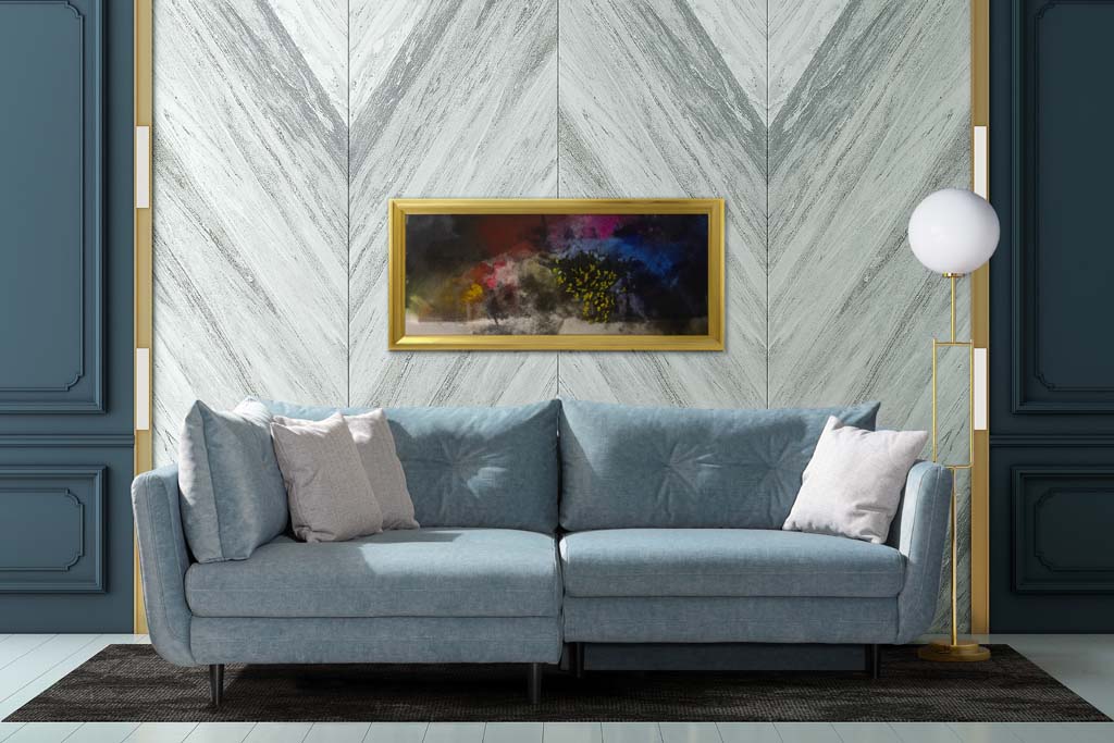 Restyl Lissy - Schlafsofa (Sofaecke) | hellblau | mit Ottomane | 140 x 230 cm Wohnzimmer mit blauer Couch, goldgerahmtem Kunstwerk und stilvoller Stehlampe