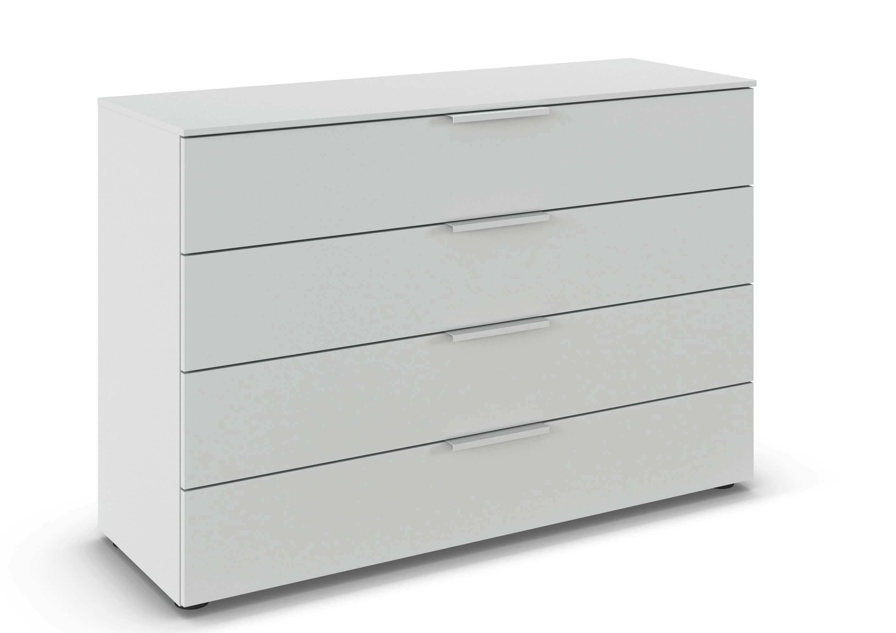 weiße Kommode mit vier Schubladen vor weißem Hintergrund