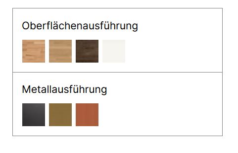 Metall- und Oberflächenausführungen in tabellenform vor weißem hintergrund