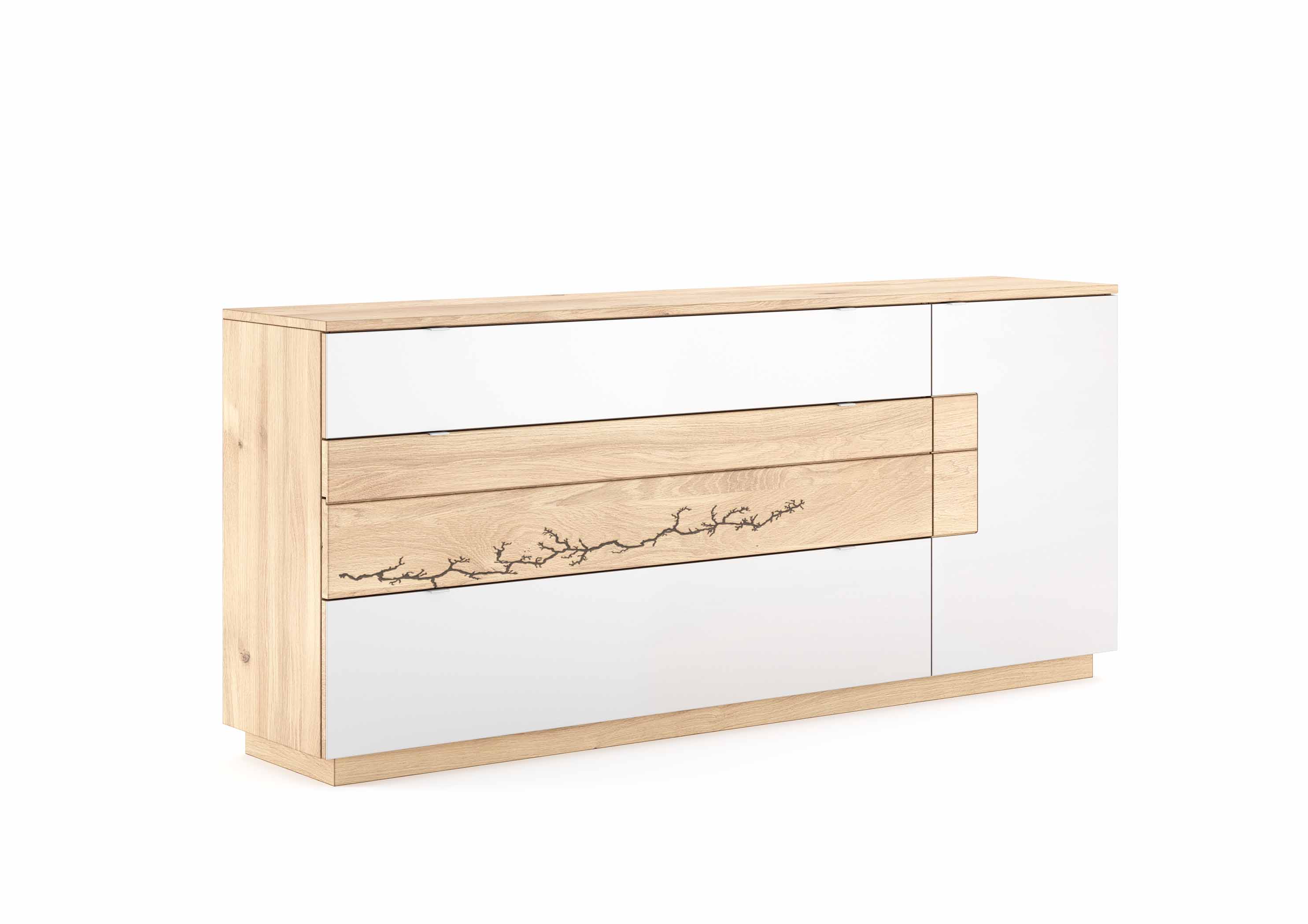 Wimmer Signatura | Sideboard | 152120/152121 Elegante, moderne Kommode aus hellem Holz mit dekorativer Zweiggravur auf der mittleren Schublade und weißen Fronten