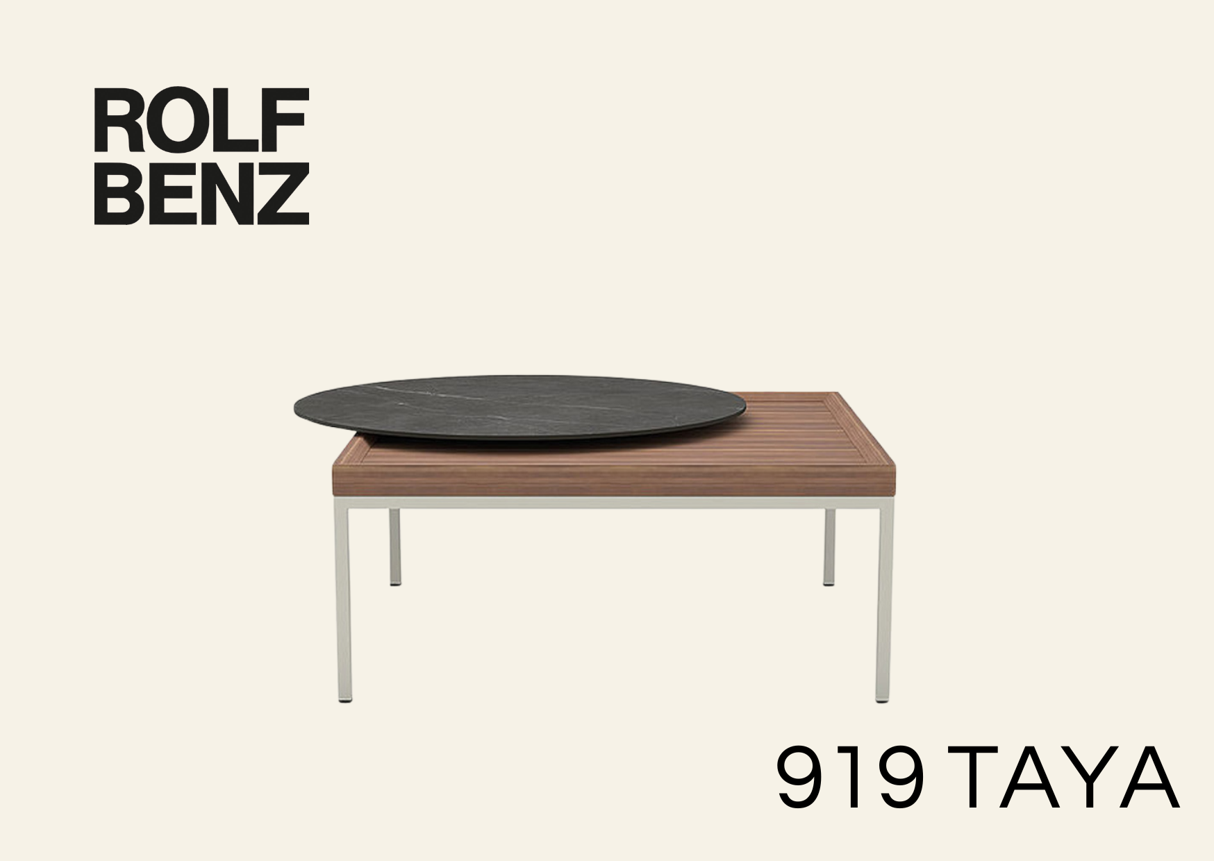 Quadratischer Holztisch mit einer Steinplatte rund auf der eigentlichen Tischplatte.