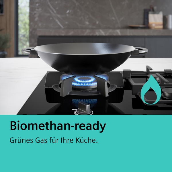 Schwarzer Wok auf einem Gasherd, der mit Biomethan betrieben werden kann. Grünes Gas für nachhaltiges Kochen in der modernen Küche.
