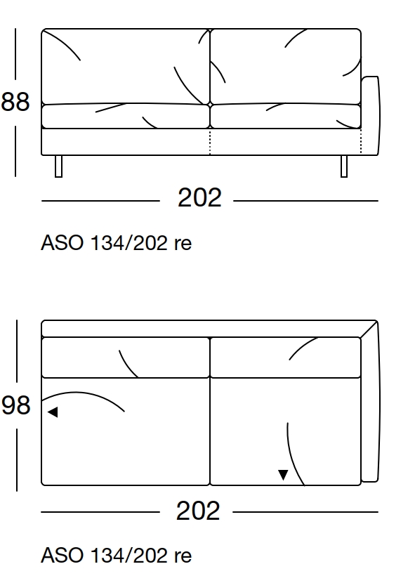 Maßzeichnung eines Sofaelement vor weißem Hintergrund freistil Rolf Benz 134
