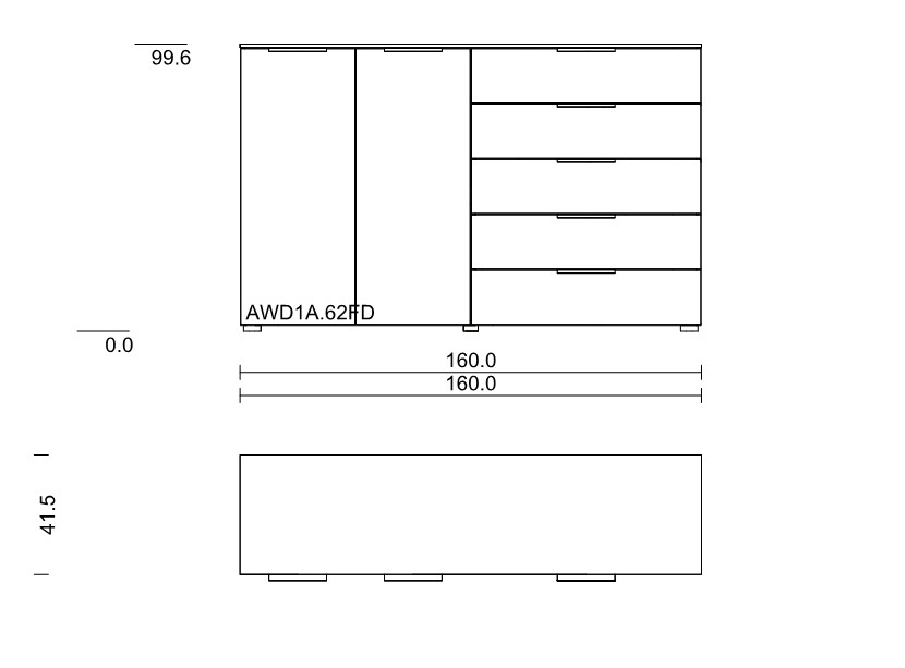 Maßzeichnung einer Kommode mit fünf Schubladen und zwei Türen vor weißem Hintergrund