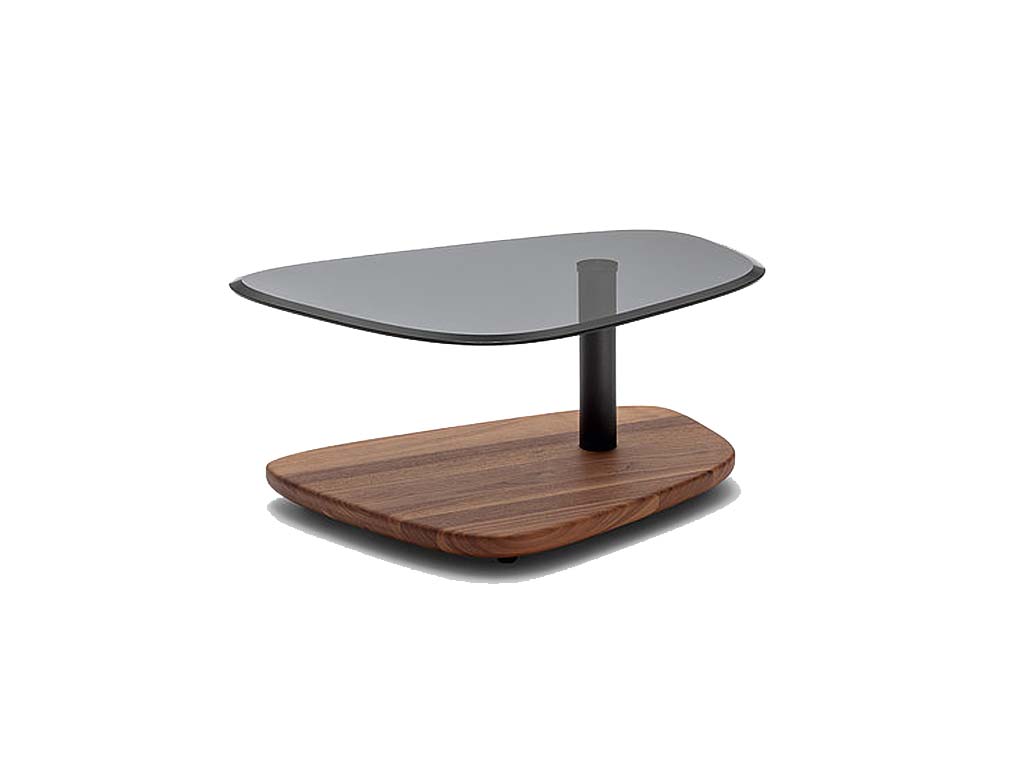 Rolf Benz 928 - Couchtisch | 2 Größen konfigurierbar Designer-Couchtisch mit grauer Glasplatte, Säule in schwarz und Bodenplatte in Nussbaum Rolf Benz 928