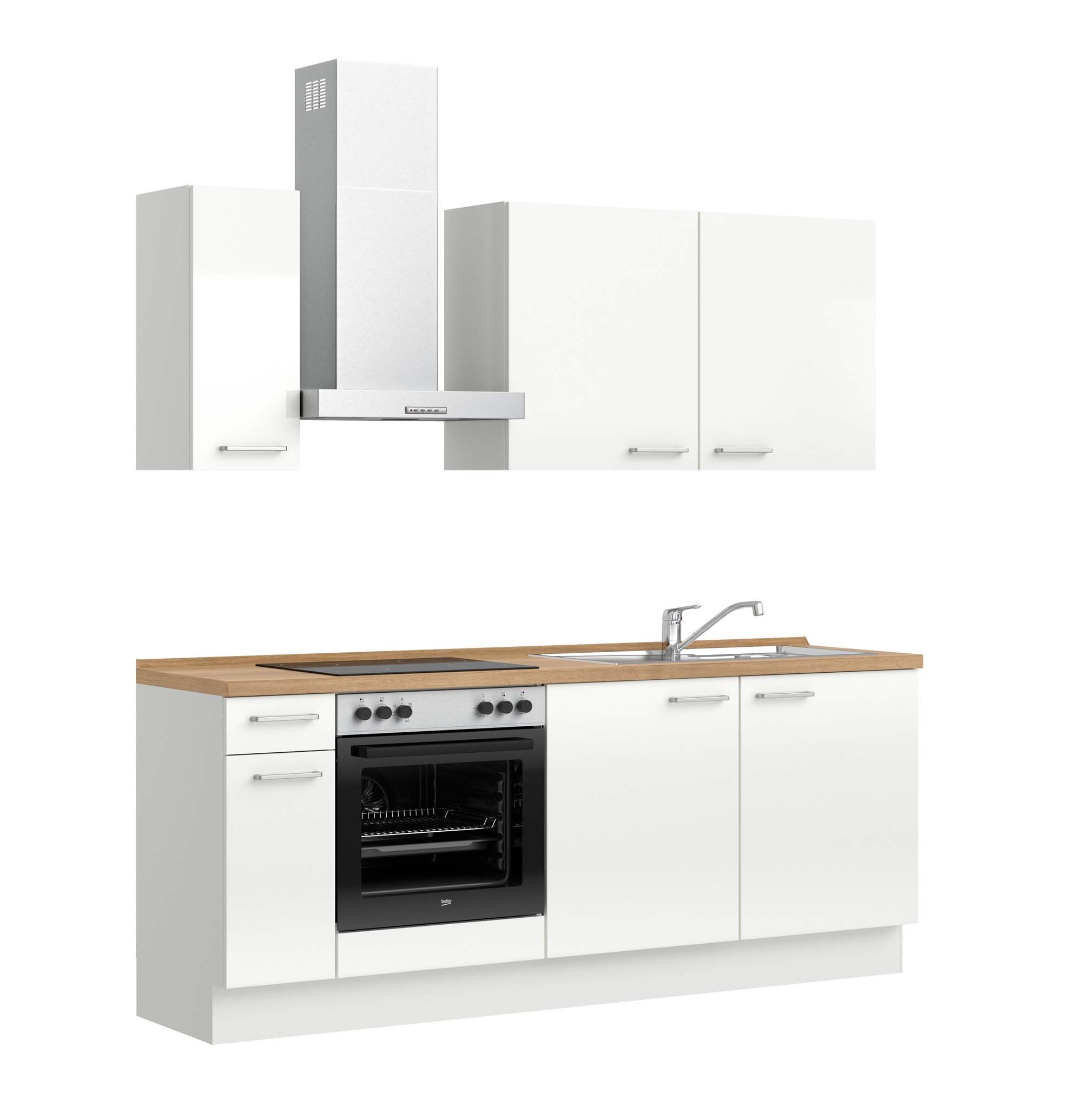 küchenzeile weiß, braun mit Backofen, Herd, Dunstabzugshaube, Waschbecken, Armatur nobilia flash