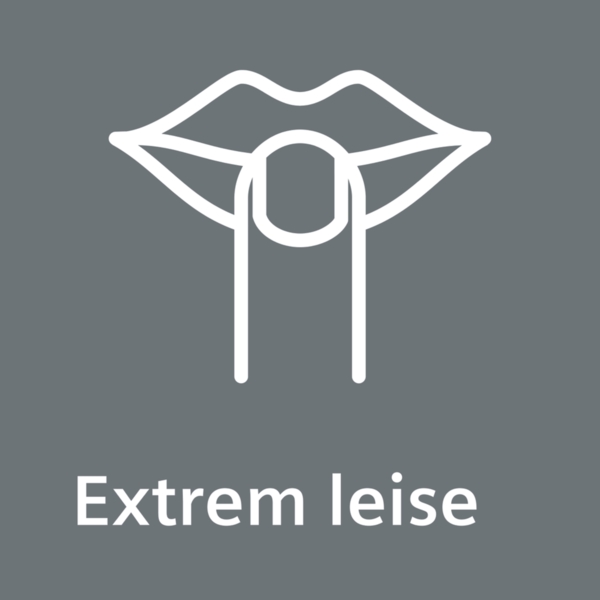Grafik eines Flüsterns mit dem Text 'Extrem leise', Symbol für geringe Geräuschentwicklung