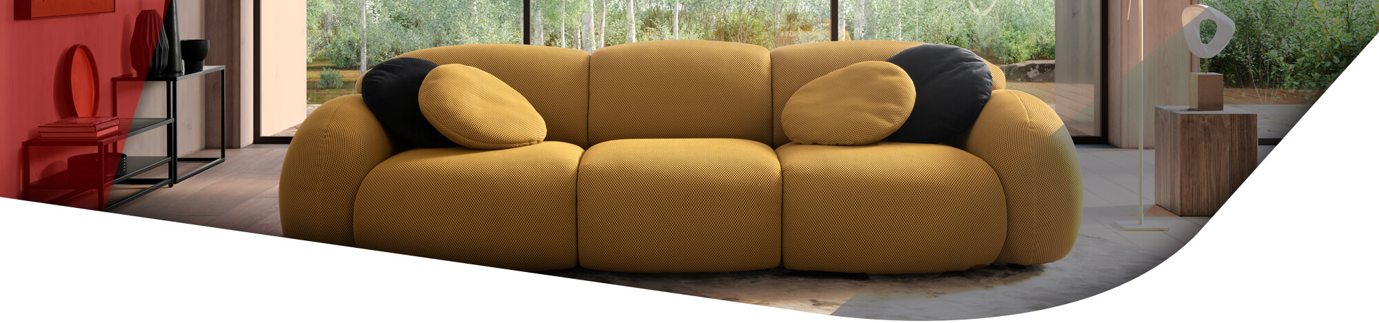 Orangenes Sofa von designwerk Globe in modernem Wohnzimmer.