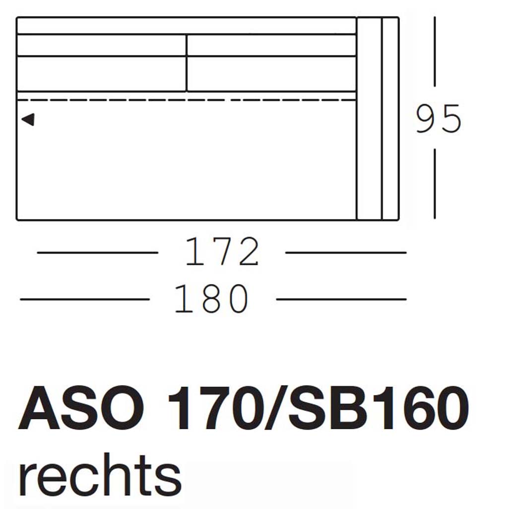 freistil Rolf Benz 170 - Anreihsofa rechts | Sitzbreite: 160 cm | ASO 170/SB160re Maßzeichnung eines Sofaelements vor weißem Hintergrund freistil Rolf Benz 170