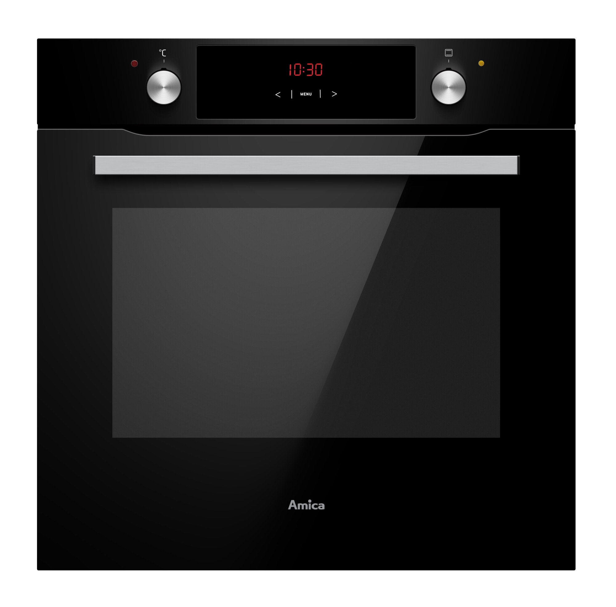 Moderne Frontansicht des Amica Einbaubackofens in Schwarz. Zu sehen sind das digitale Display mit roter Zeitanzeige, zwei versenkbare Bedienknebel und ein silberner Türgriff.