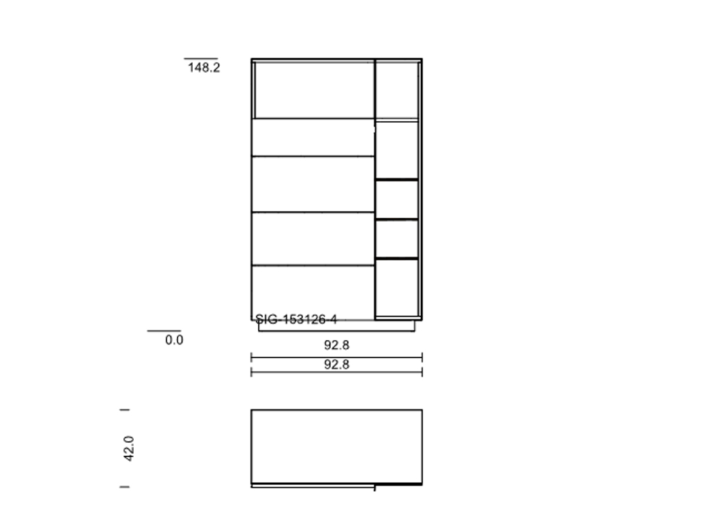 Technische Zeichnung eines Regals mit den Maßen 148,2 cm Höhe, 92,8 cm Breite und 42,0 cm Tiefe, inklusive Fächeraufteilung.