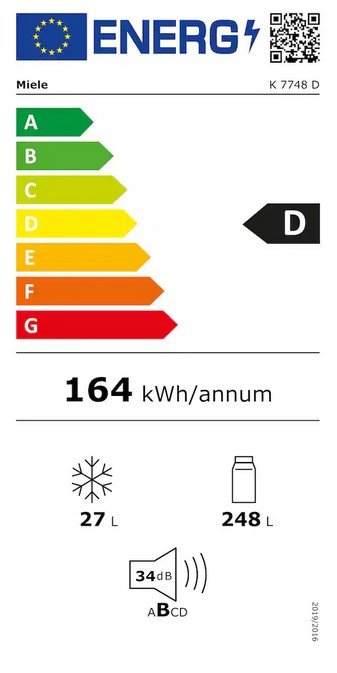 EU-Energielabel für den Miele Kühlschrank K 7748 D. Es zeigt die Energieeffizienzklasse D an, einen jährlichen Energieverbrauch von 164 kWh, ein Gefrierfachvolumen von 27 Litern, ein Kühlfachvolumen von 248 Litern und eine Geräuschentwicklung von 34 dB.