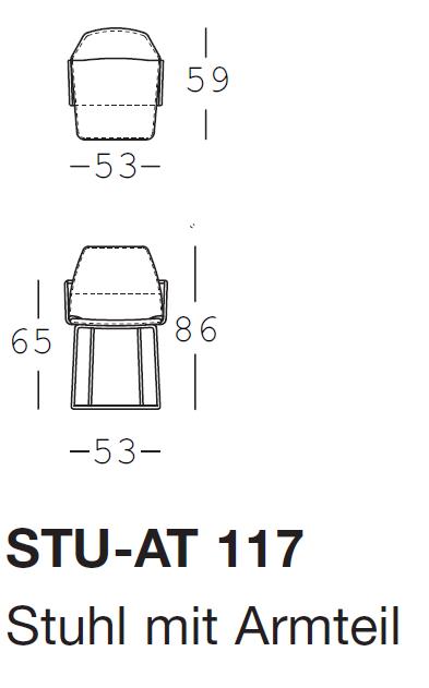 Technische Zeichnung des Stuhls STU-AT 117 mit Armteil, Maße: Breite 53 cm, Tiefe 59 cm, Höhe 86 cm.