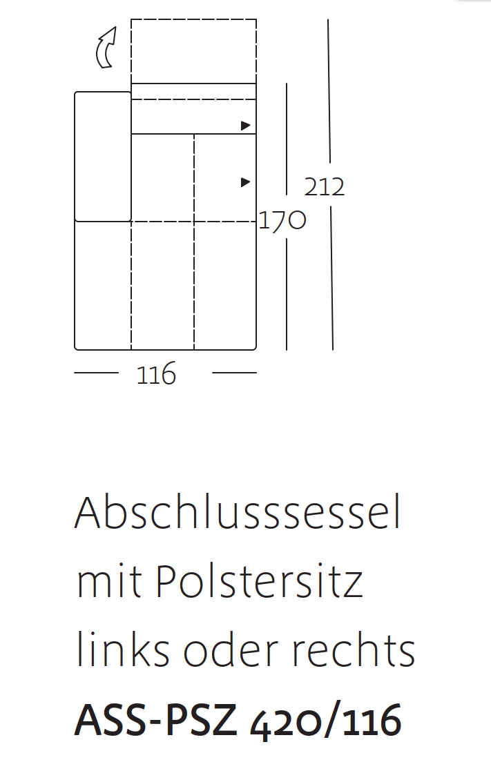 Technische Zeichnung eines Abschlusssessels mit den Maßen 116x170x212 cm, Modell ASS-PSZ 420/116, Polstersitz wahlweise links oder rechts.