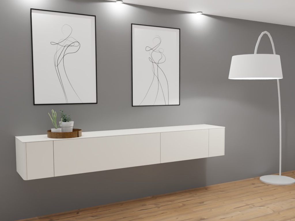Sudbrock Goya - Lowboard | 2 Türen, 1 Schublade, 1 Klappe | B: 245,2 cm | Lack blütenweiß Modern eingerichtetes Wohnzimmer mit einem weißen, schwebenden Sideboard, zwei minimalistischen Kunstwerken an der Wand und einer Stehlampe.
