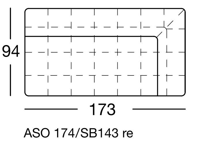 Maßzeichnung eines Sofaelements vor weißem Hintergrund