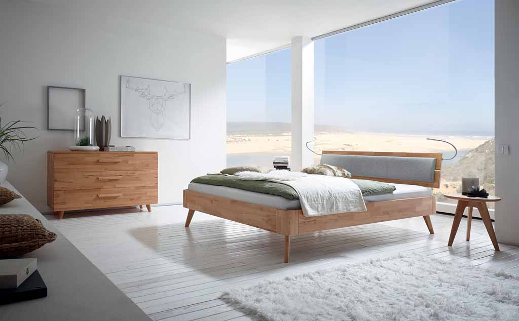 Hasena Fine-Line - Bett | 180 x 200 cm | Kopfteilkissen Stoff hellgrau | 2er Set Leselampe