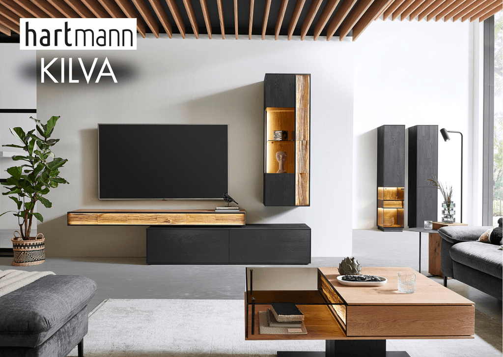 anthrazit farbene Wohnwand mit Akzentelement aus beleuchtetem Massivholz-Element & Designerelementen.