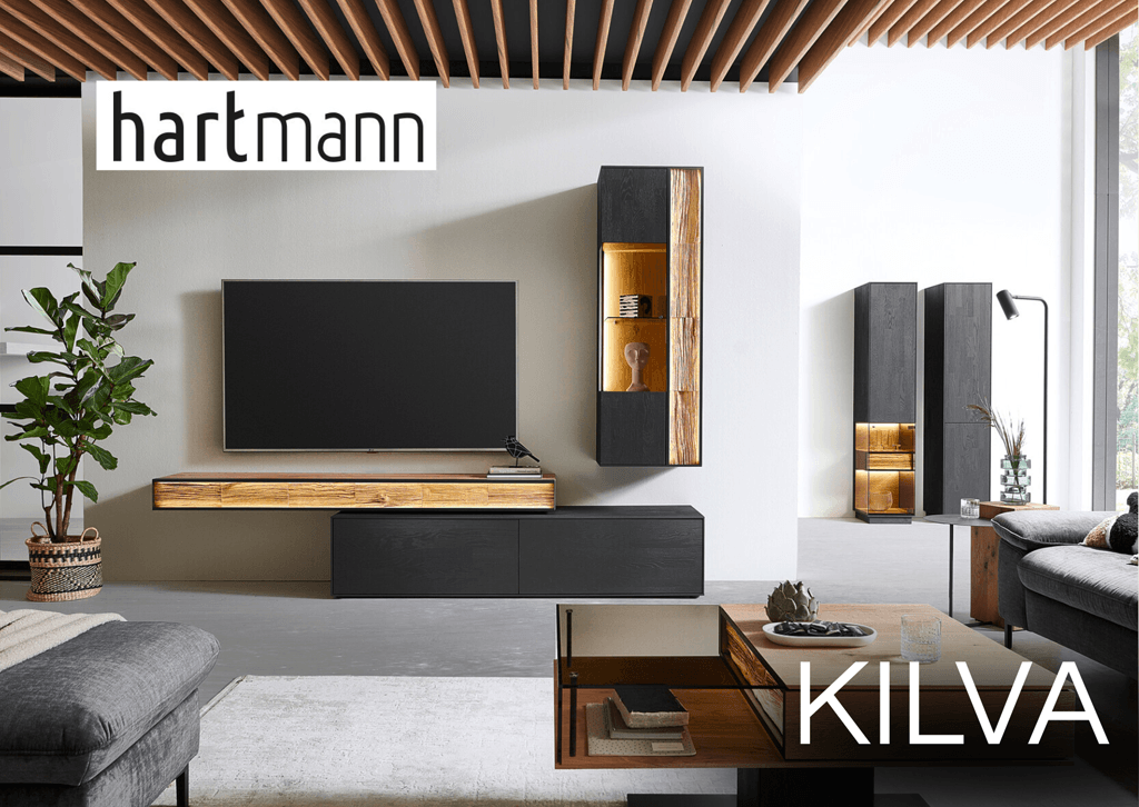 anthrazit farbene Wohnwand mit Akzentelement aus beleuchtetem Massivholz-Element & Designerelementen.