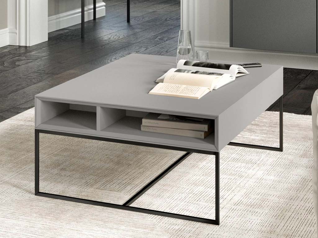 grauer couchtisch mit stauraumfächer und schwarzem metallgestell